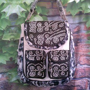 Faux Pebbled Leather Flap Over Beaded Rhinestones Large Purse